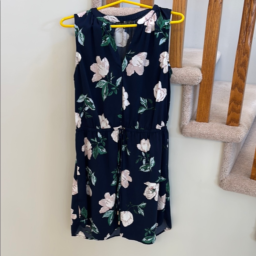 Floral Sleeveless Dress - Navy and White